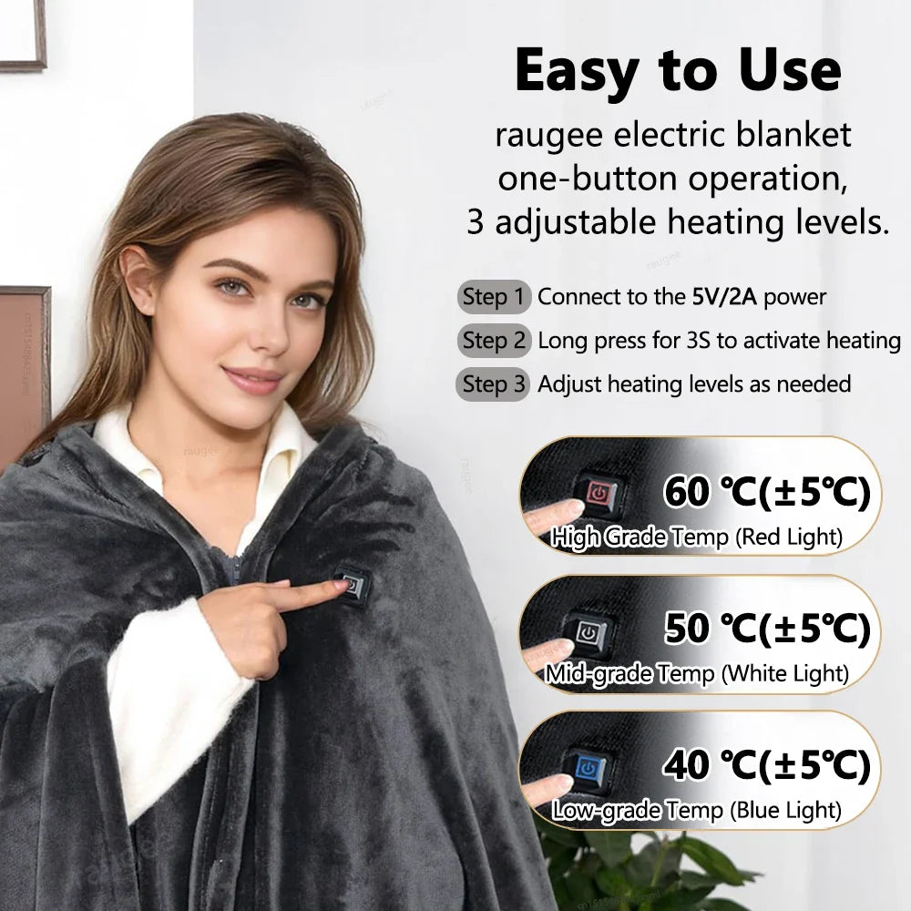 Electric Blanket USB Portable Body Warmer with 3 Temp Settings Heating Thermal Shawl for Home Office Electric Warmer Blanket