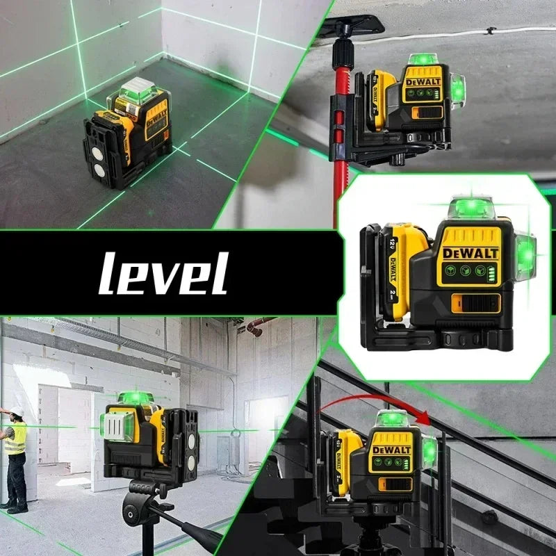 DEWALT DW089LG 3-Sided 360-Degree Vertical Laser Level with 12V Lithium Battery 12 Lines Green Light Horizontal Level Meter for