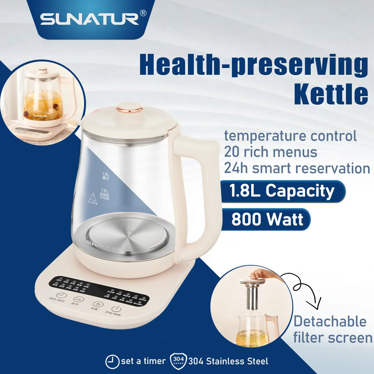 SUNATUR 1.8L Electric Glass Health Preserving Kettle,Stainless Steel,800W Fast Boil,24h Insulation