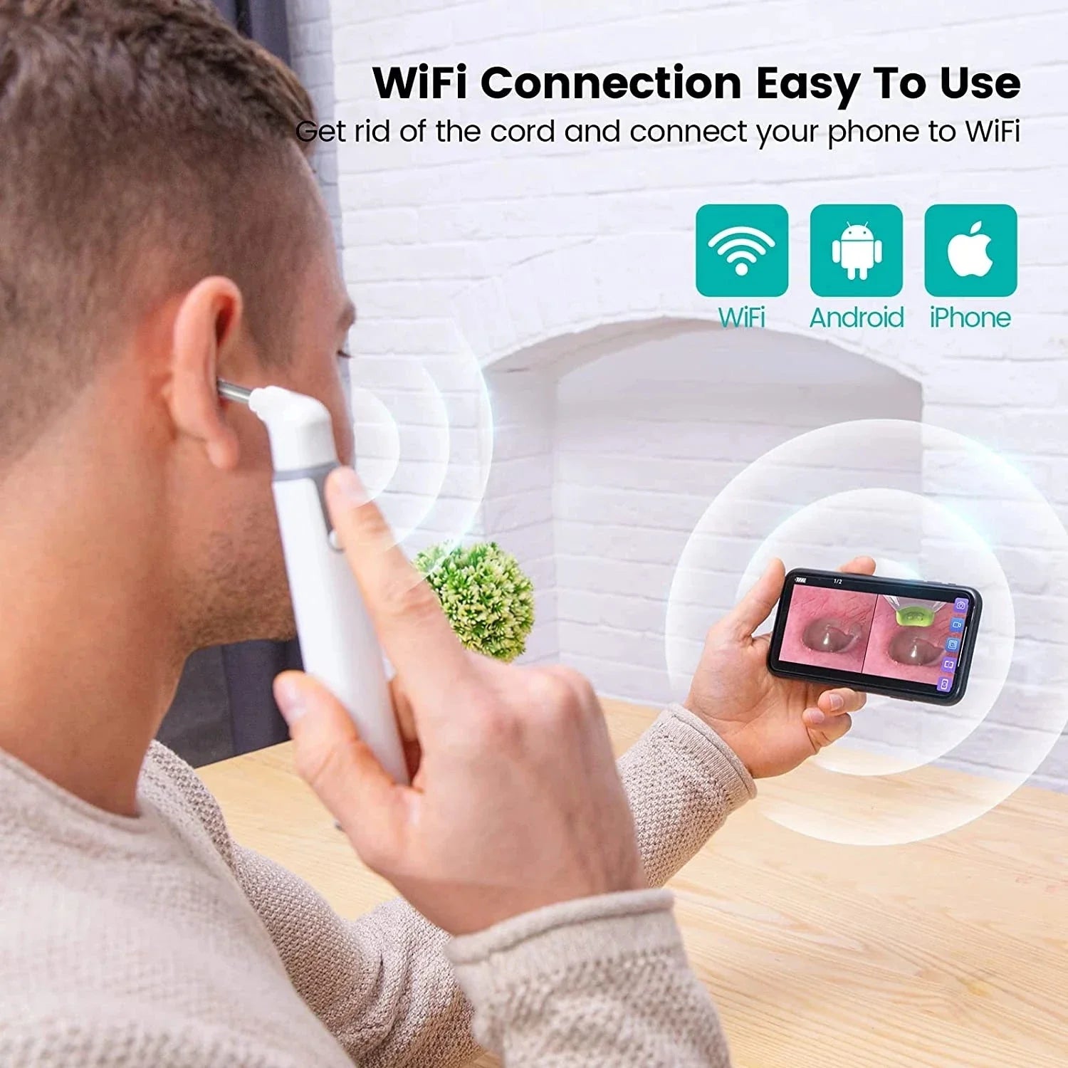 Wireless Otoscope Ear Camera with Dual View, 3.9mm 720PHD WiFi Ear Scope with 6 LED Lights for Kids and Adults, Compatible