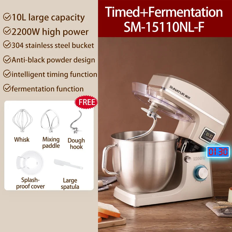SUNATUR 10L Stand Mixer 2200W Stainless Steel Bowl,6-Speed Timing Fermentation Mixer,1 Year Warranty
