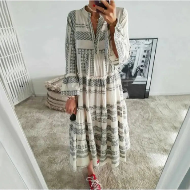 Summer Women's Geometric Print V-Neck Maxi Dress
