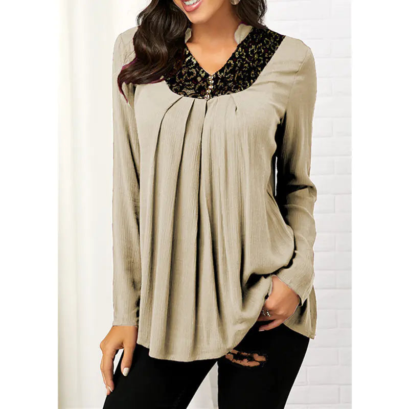 Printed V-neck Long Sleeve Lace Top.