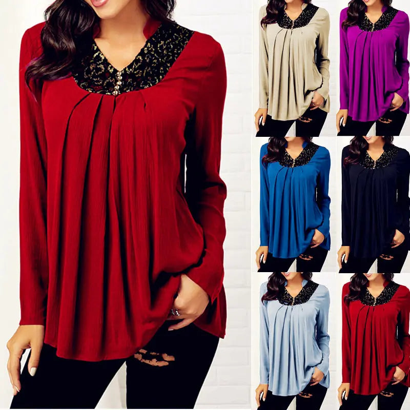 Printed V-neck Long Sleeve Lace Top.