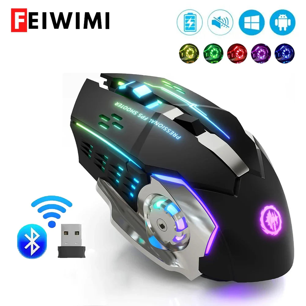 Rechargeable Wireless Mouse with 2.4GHz USB & Bluetooth, RGB Backlit Ergonomic Silent Optical Mouse for Laptop PC Macbook Tablet