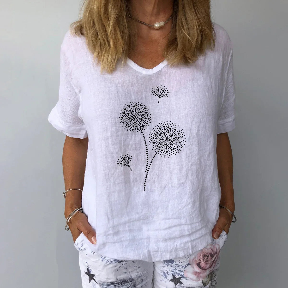 Women Solid Color Cotton Linen Blouse