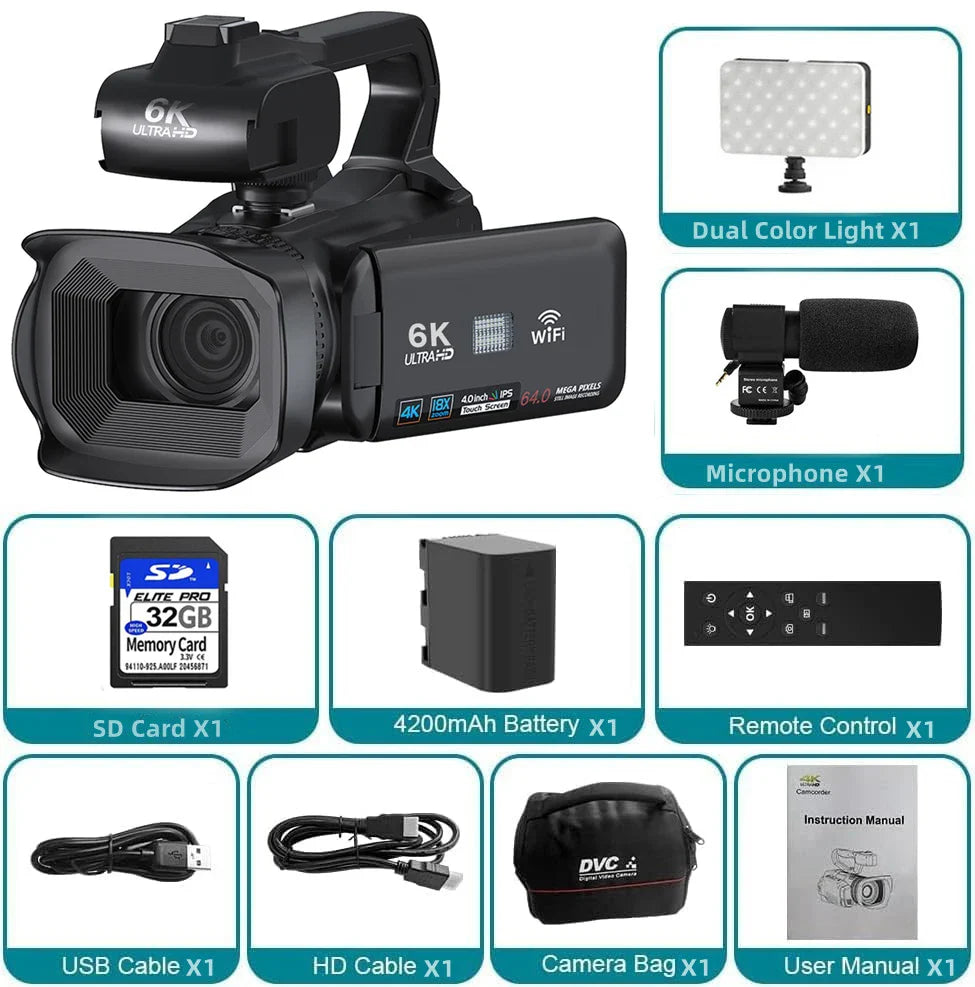 64MP 4K Camcorder 4.0 Inch 270° Rotate Touch Screen 18X 4K UHD Professional Digital Video Camera Youtube Livestream Wifi Webcam