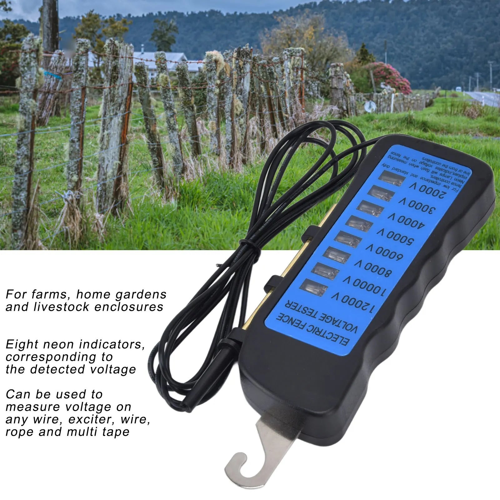 Waterproof Fence Tester 12KV Neon Fence Voltage Tester 2000 to 12000V 8 Neon Indicator Lights Waterproof Fence Tester for Farms