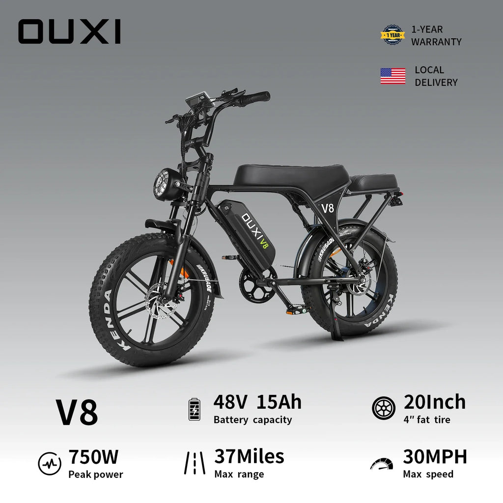 OUXI V8 2-seater Electric Bike 750W 48V 15Ah Electric Bicycle 20'' Fat Tire Dirt Ebike with Hydraulic Brake for Mountain Riding