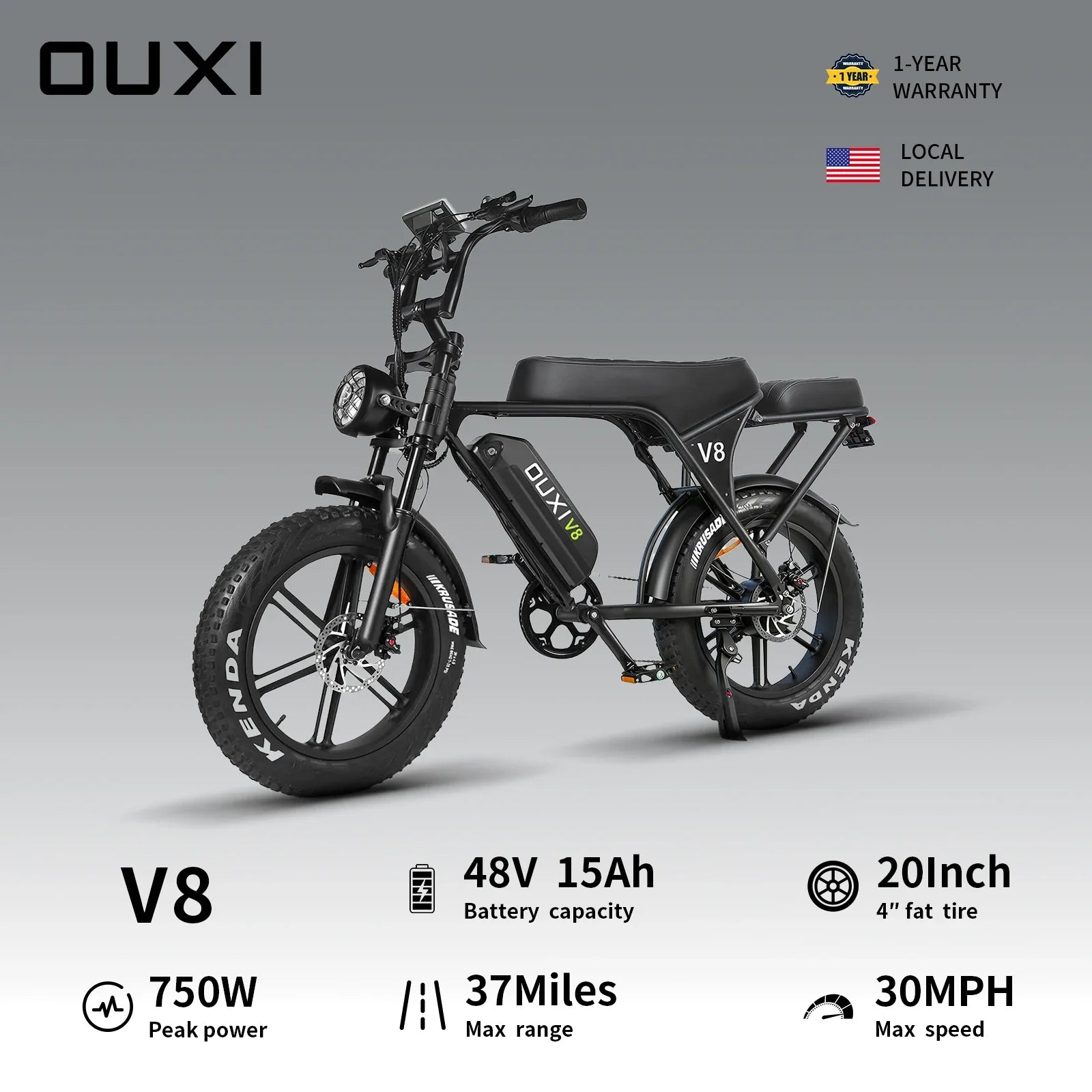 OUXI V8 2-seater Electric Bike 750W 48V 15Ah Electric Bicycle 20'' Fat Tire Dirt Ebike with Hydraulic Brake for Mountain Riding