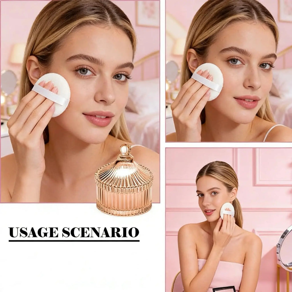 Soft Plush Powder Puff with Clear Glass Container for Body and Face Makeup Application