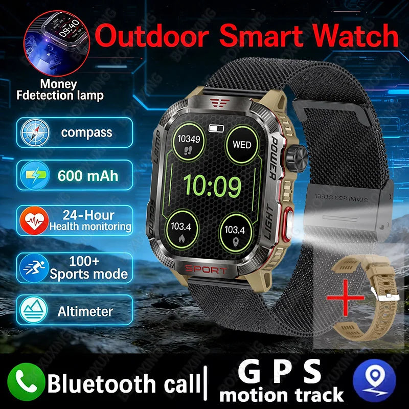 2026 New LED flashlight Military Smart Watch Men IP68 GPS Outdoor Sports Fitness Tracker Health Monitor 2.01" BT Call Smartwatch