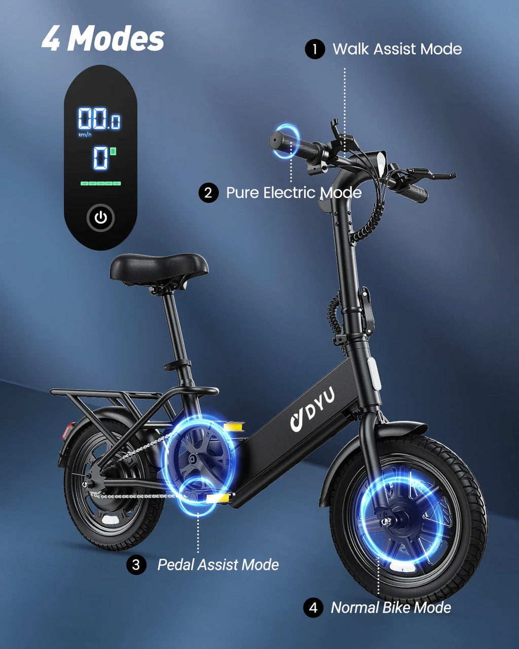 【1 Year Warranty】DYU C3 14 inch Folding Electric Bicycle Peak 500W Motor 280WH Battery Electric Bike,20mph city E-bike UL2849