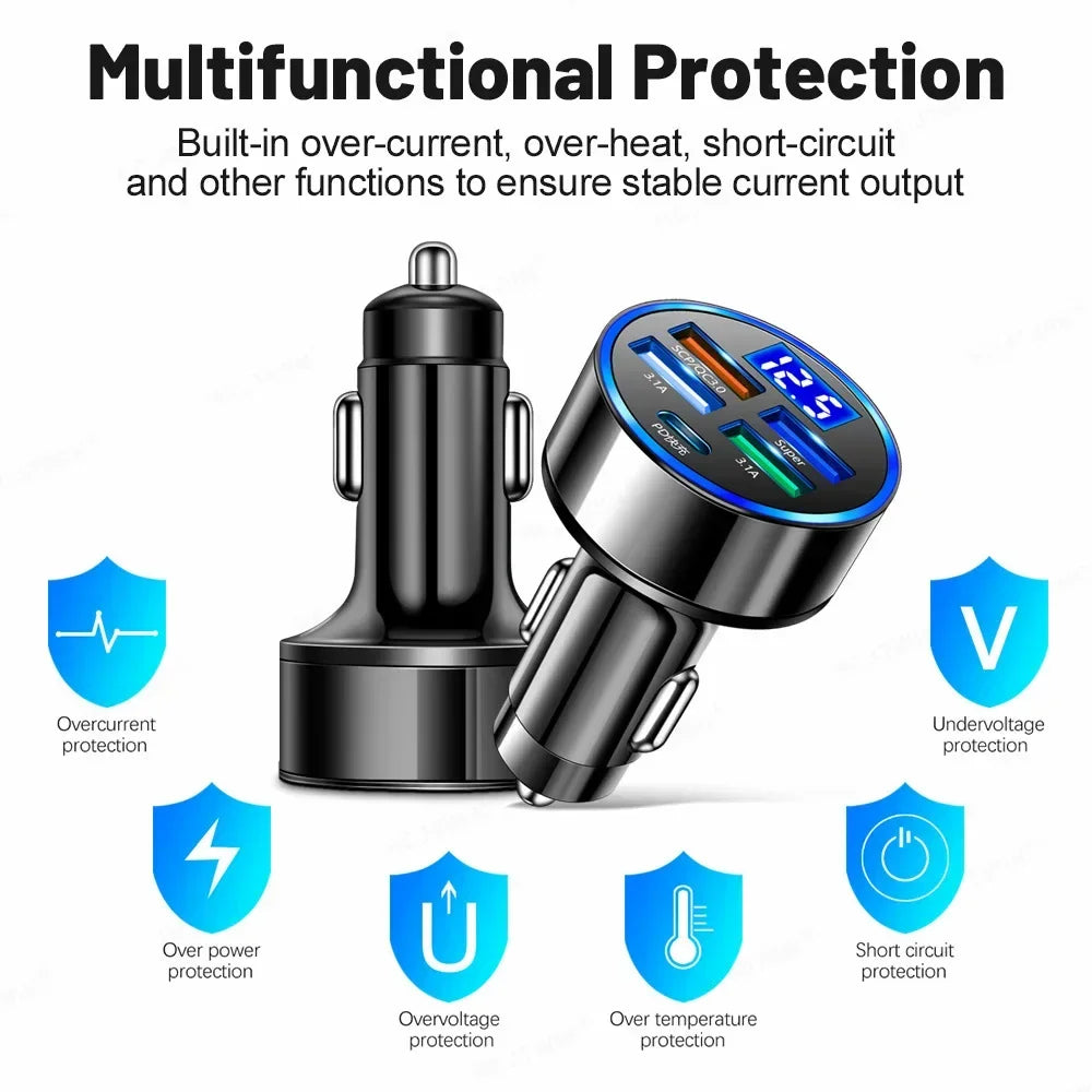 5 Ports LED Car Charger 250W Fast Charging Adapter Type C PD Mini Car Phone Charger for Iphone Samsung Huawei Xiaomi