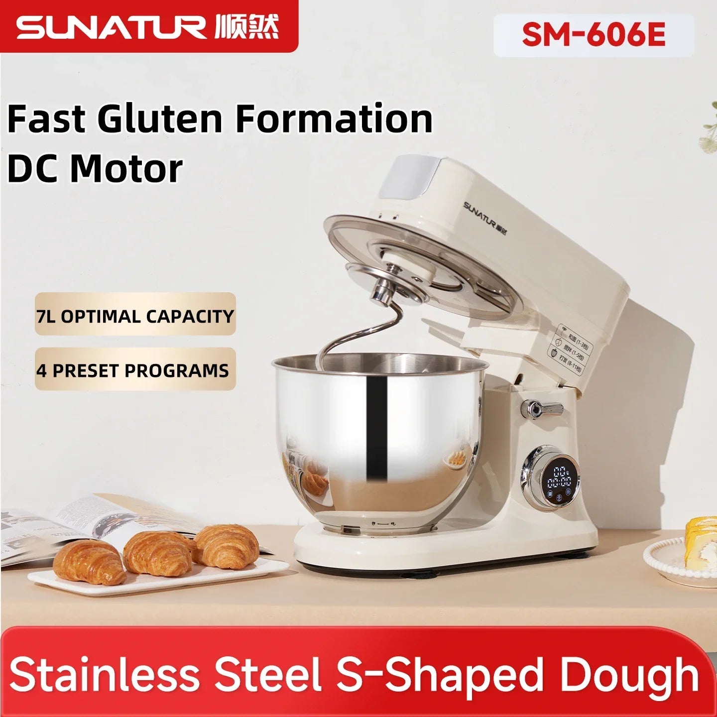 SUNATUR SM-606E 7L Stand Mixer 900W DC Quiet 11-Speed Timer, 304 Bowl Anti-Black Powder for Home & Commercial Baking