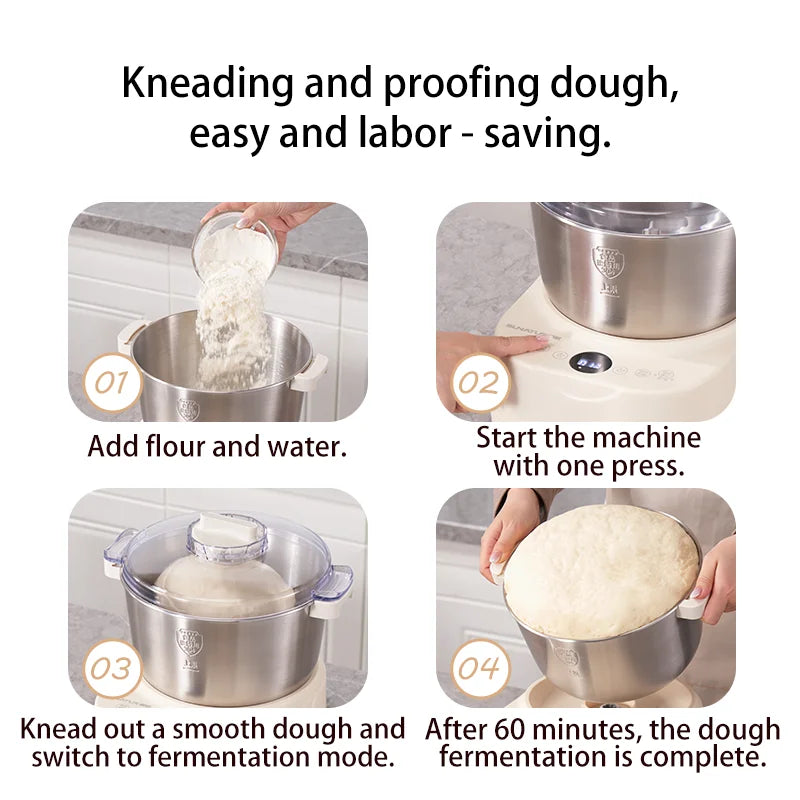 SUNATUR 5L/7L Electric Dough Mixer,250W DC Motor,Stainless Steel Bowl,Timed Fermentation,All-in-One