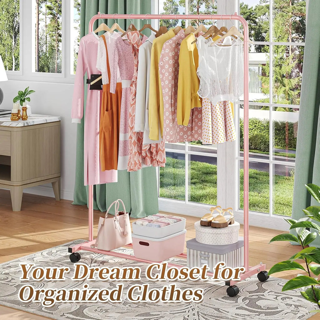 Purple Rolling Clothes Rack with Storage Shelves, 360° Wheels for Easy Mobility and Brake Lock