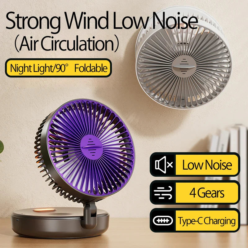2024 New 3IN1 5000mAh Rechargeable Portable Desktop Fan Wall Mounted Fan 90° Folding USB Fan 4 Gears With Warm Night Light