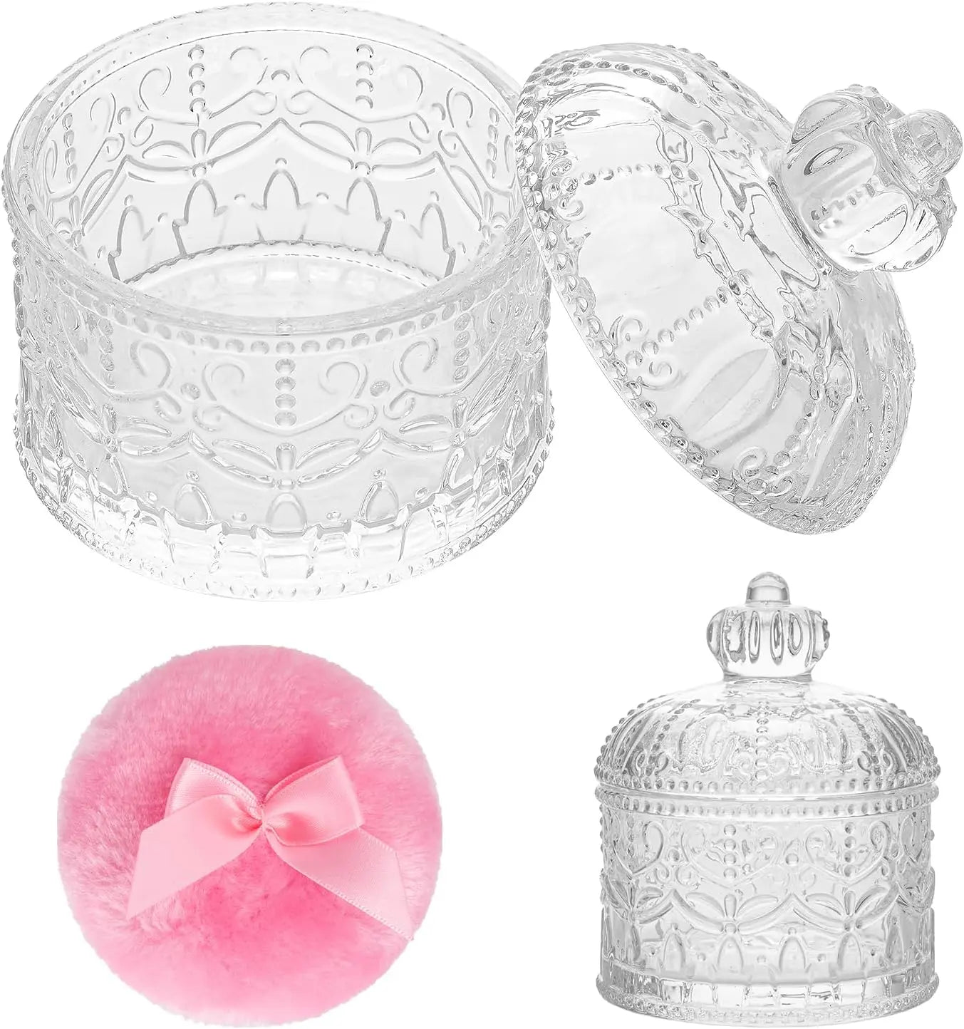 2-Piece Velour Powder Puff Set with Crystal Glass Container, Soft Washable for Face and Body Makeup