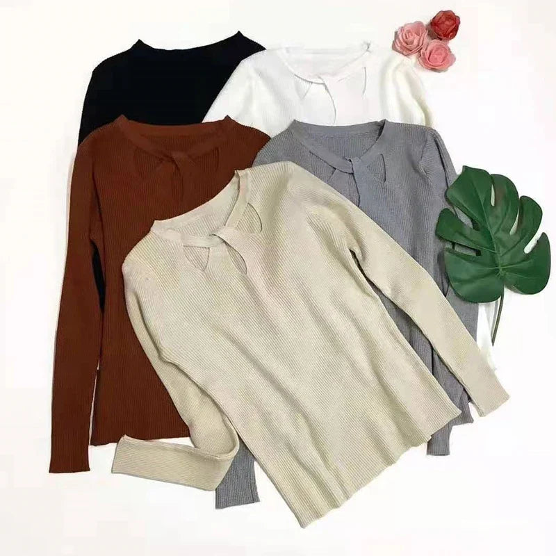 O-neck Stretch Sexy Pullover  Hollow Solid Color Sweater