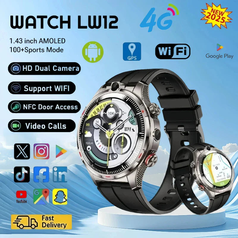 LW12 New Android Smartwatch 8GB+128GB Storage 4G SIM Calling Dual Camera Video Chat Sports Mode WiFi+GPS Unisex for Students