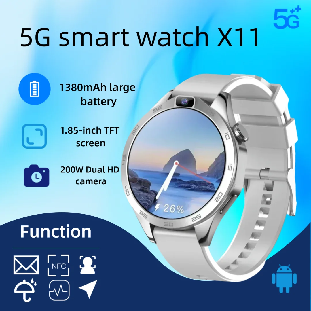 X11 New Android smartwatch 1.85-inch 1380mah battery 200W dual HD cameras GPS WIFI heart rate download APP smartwatch men waomen