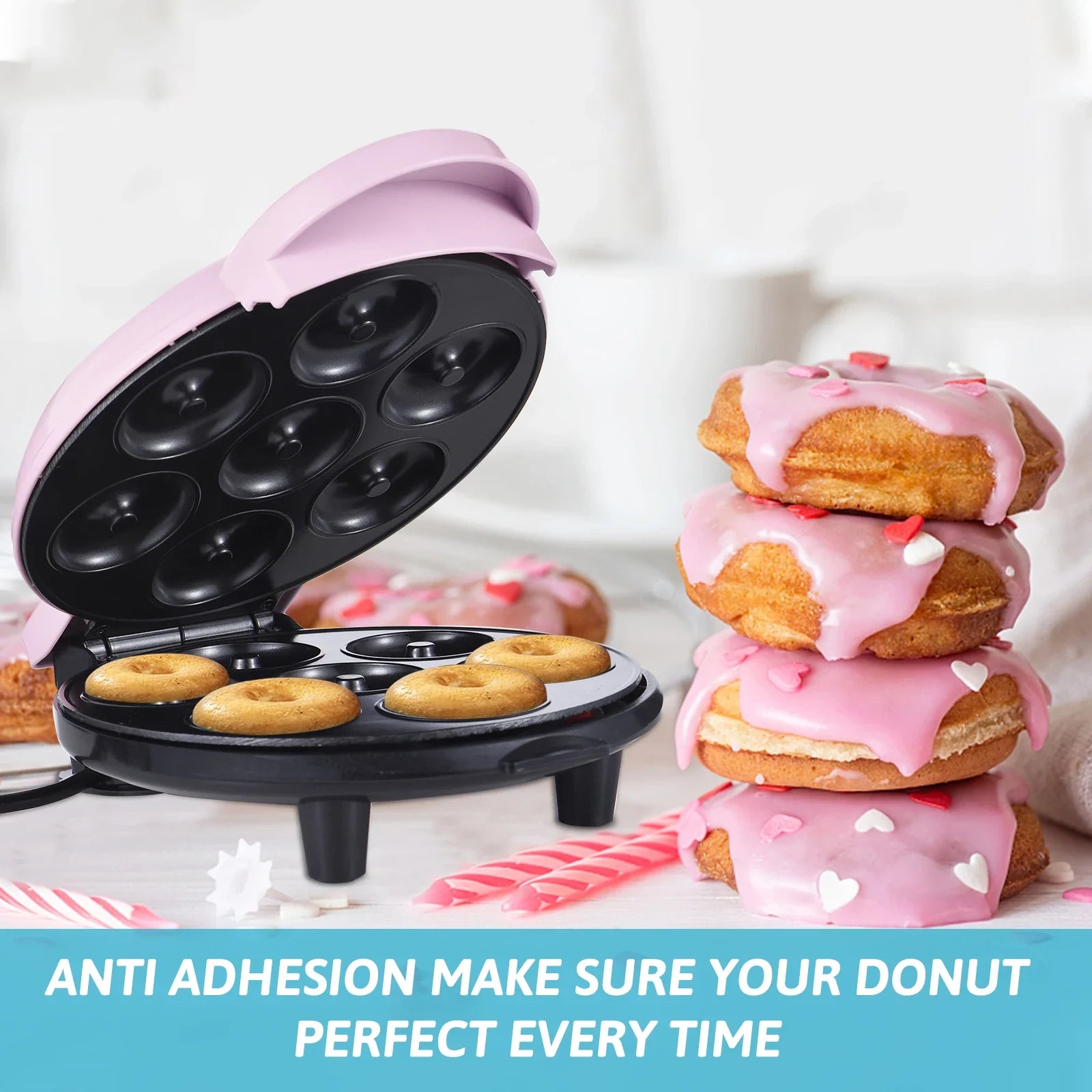 Donut Maker Machine 700W Double-sided Heating Non-stick Coating 7 Doughnuts Electric Donut Maker Machine for Breakfast Dessert