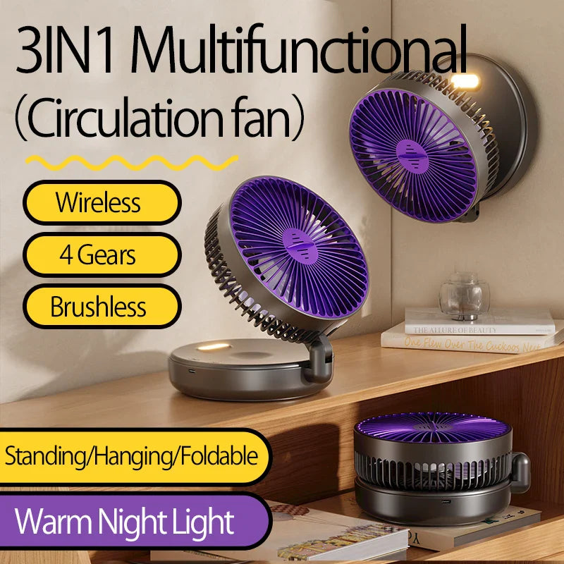 2024 New 3IN1 5000mAh Rechargeable Portable Desktop Fan Wall Mounted Fan 90° Folding USB Fan 4 Gears With Warm Night Light