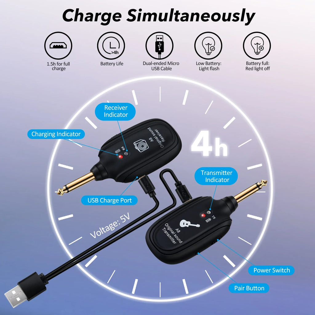 A8 UHF Electric Guitar Wireless System Transmitter Receiver Set Low latency Built-in Rechargeable For Electric Guitar Bass