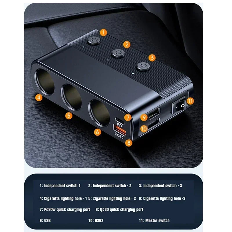 Car Cigarette Lighter Socket Splitter With Switch 128W Car Charger Splitter Multi Ports PD30W QC3.0 Fast Charger Power Adapter