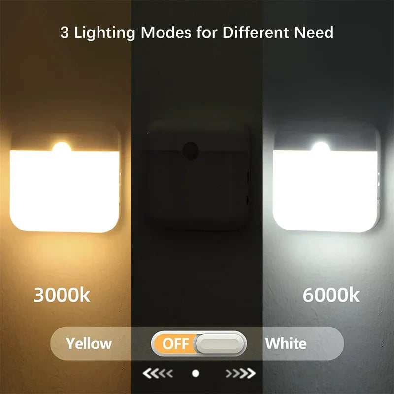 PIR Motion Sensor LED Night Light USB Rechargeable Withswitch Night Lamp for Bedroom Kitchen Cabinet Light Wireless Closet Light