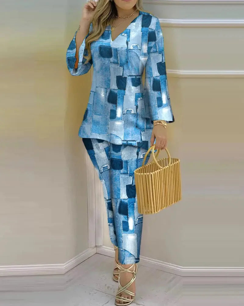 Long Sleeve V-neck Polyester Printing Two Pieces Sets