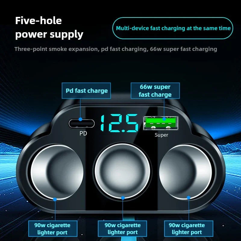 Car Charger 5-Port 336W Cigarette Lighter Adapter PD USB 66W Super Quick Charging Phone Charger Socket 12-24V Universal
