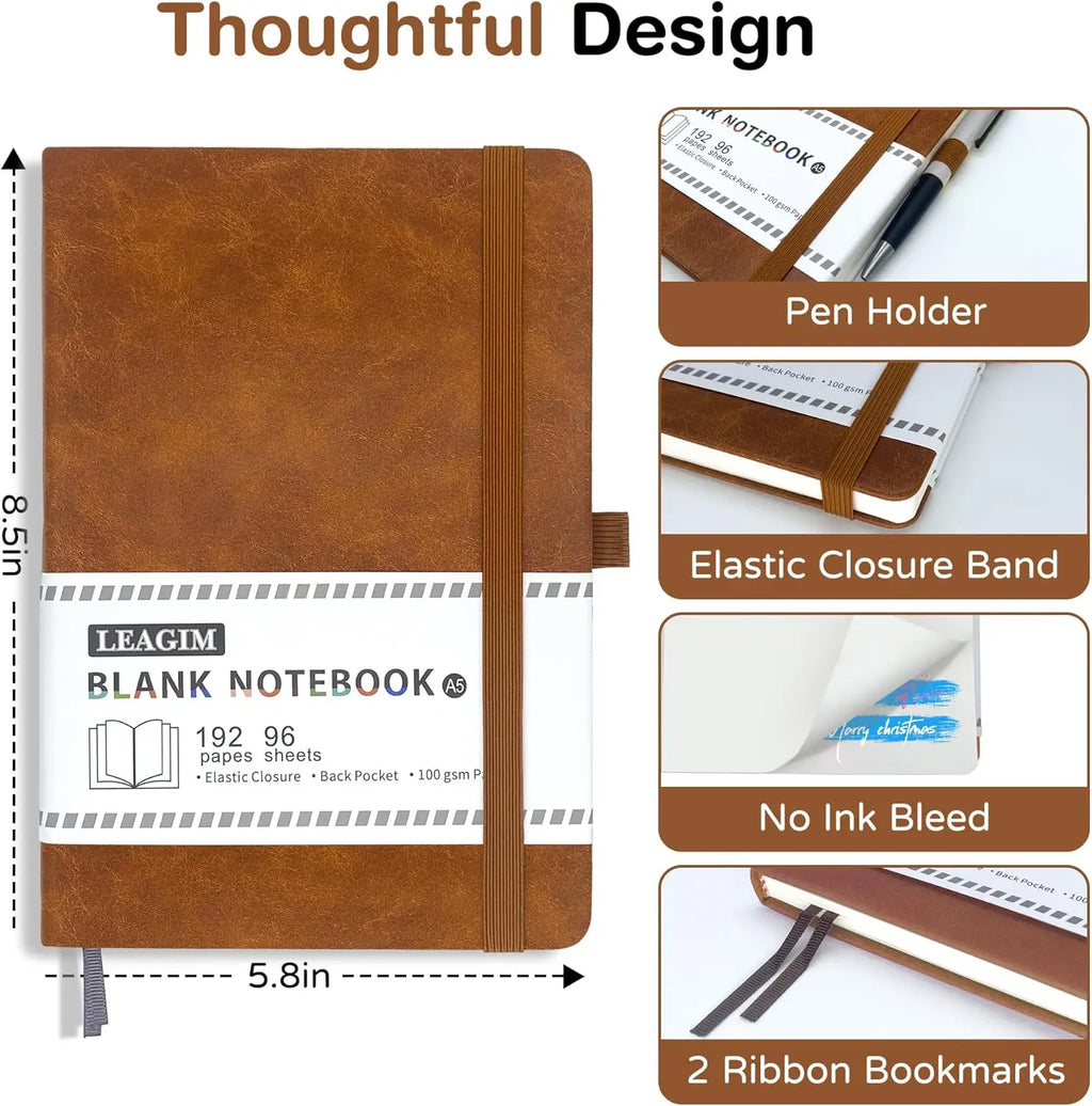 A5 Hardcover Leather Journal, 192 Pages Thick Paper, Unlined Sketchbook for Writing and Drawing
