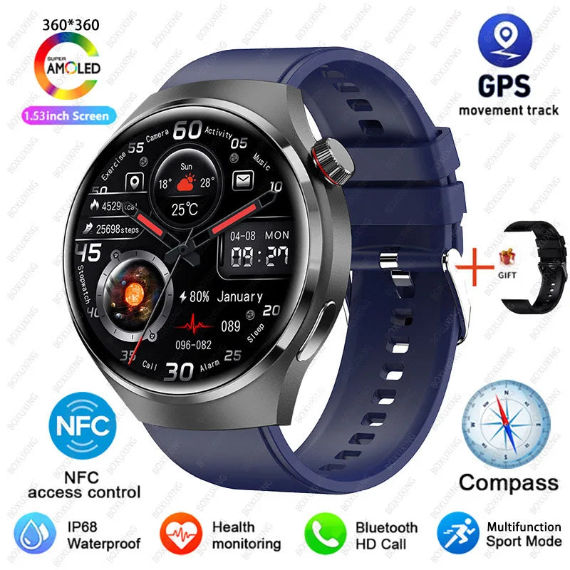 BOXUXING Watch 4 Pro Smart Watch Men GPS Sports Tracker NFC  1.53" HD Screen Health Monitor Watches Bluetooth Call SmartWatch