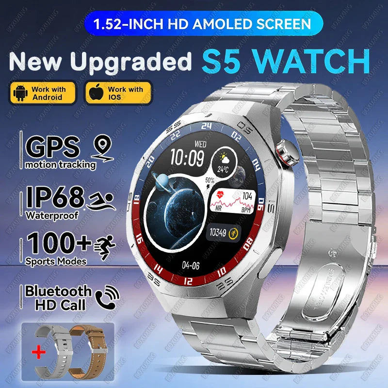 2026 New BOXUXING S5 Smart Watch Men HD AMOLED Screen GPS Motion trajectory HeartRate Bluetooth Call 1.52" SmartWatch IP68 Watch