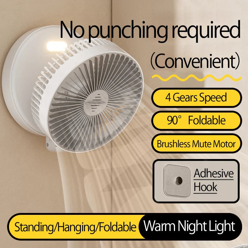 2024 New 3IN1 5000mAh Rechargeable Portable Desktop Fan Wall Mounted Fan 90° Folding USB Fan 4 Gears With Warm Night Light