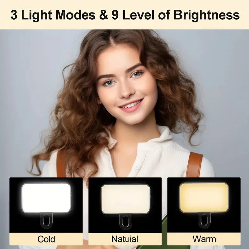 Rechargeable Clip On Selfie Ring Light with 3 Color Modes Adjustable Brightness for Phone Computer Video Calls Photography