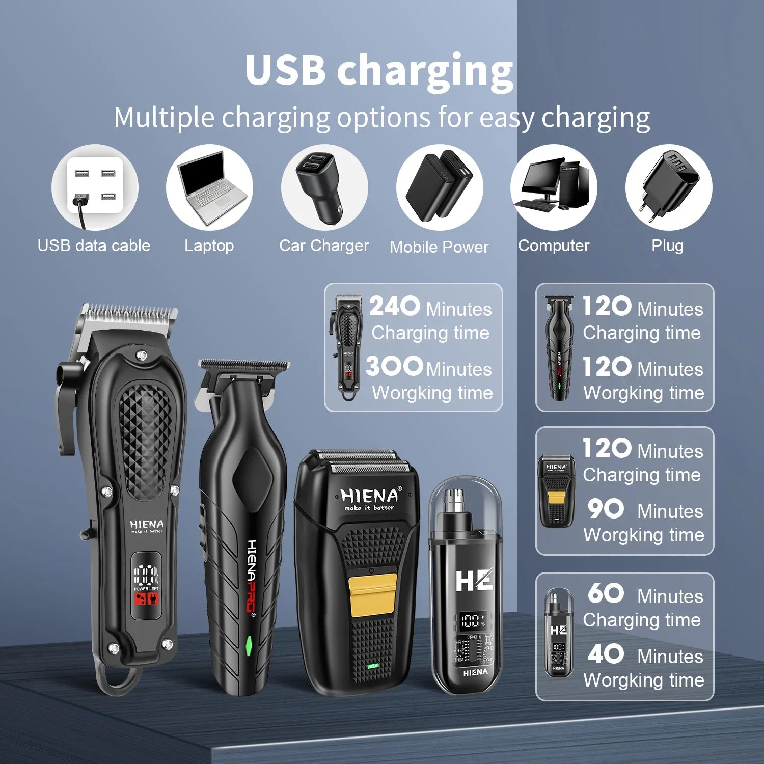 hiena Finish Machine Electric Professional Electric Hair Clippers Beard Clipper Rechargeable Men's Shaver Hair Trimmer Kit