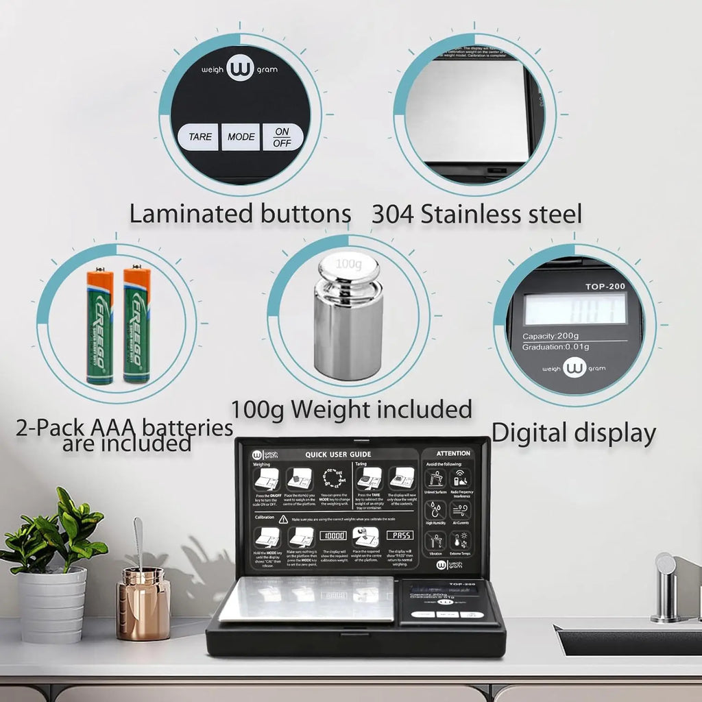 200g Digital Pocket Scale 0.01g Accuracy, Mini Food Jewelry Scale with Calibration Weight