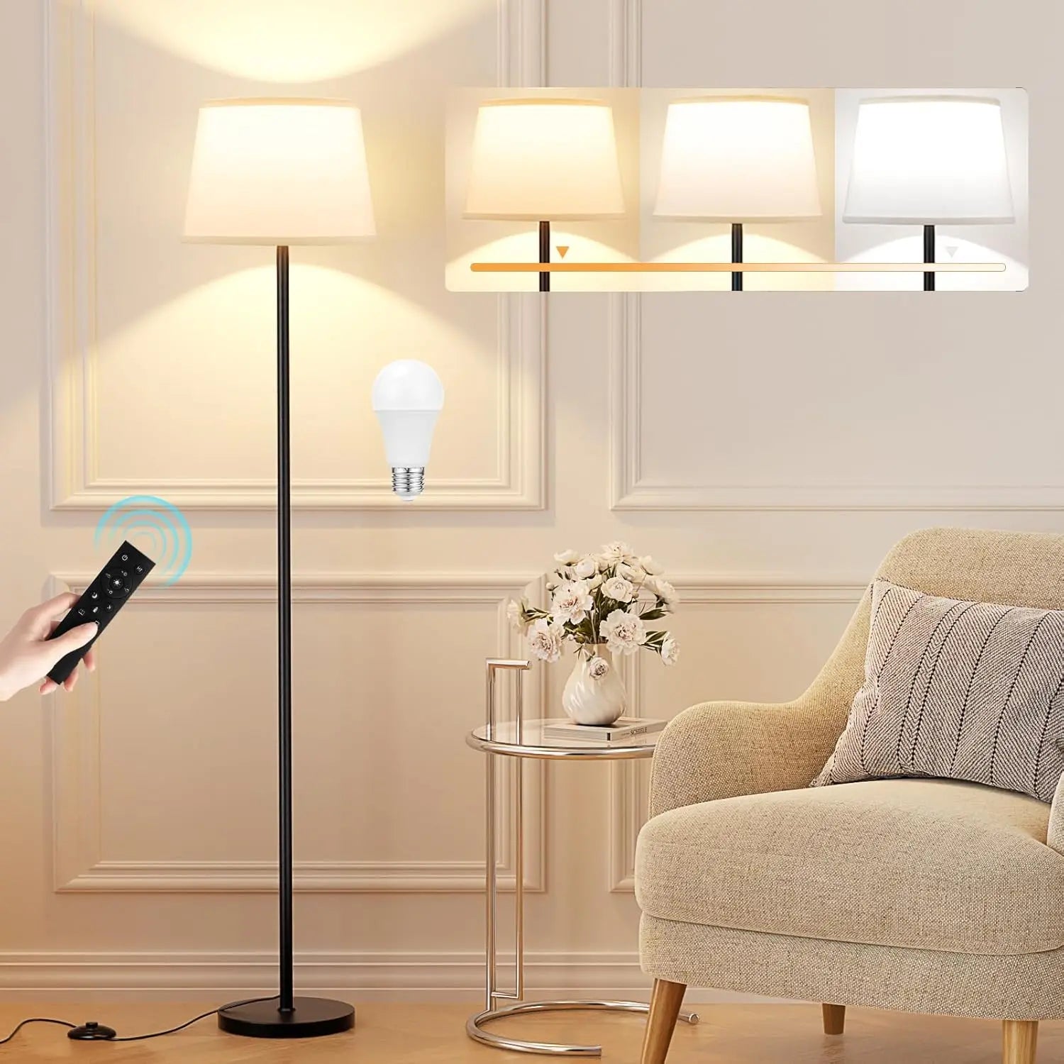 Adjustable Brightness LED Floor Lamp with Remote Control, Black Finish, Easy Assembly
