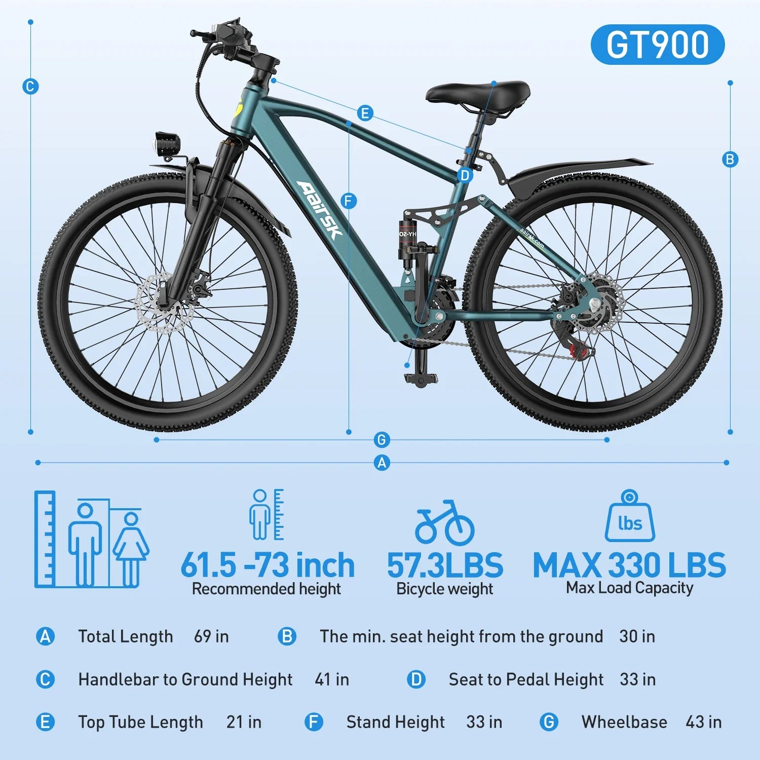 Aairsk GT900 Adult Ebike 400W 36V 13Ah Off-Road Electric Bicycle City Commuting 26*1.95 Inch Tire Dual Suspension Electric Bike