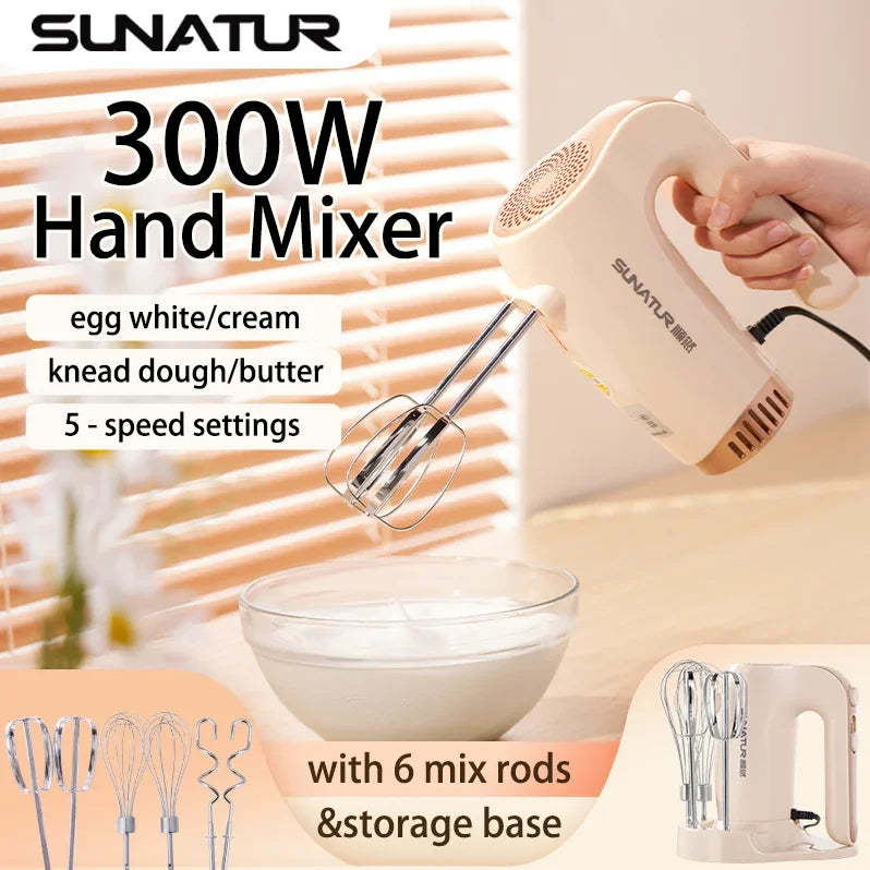 SUNATUR 3 in 1 Electric Handheld Blender 300W Egg Beater Cream Whipper Portable Mixer with Storage Base Kitchen Appliance
