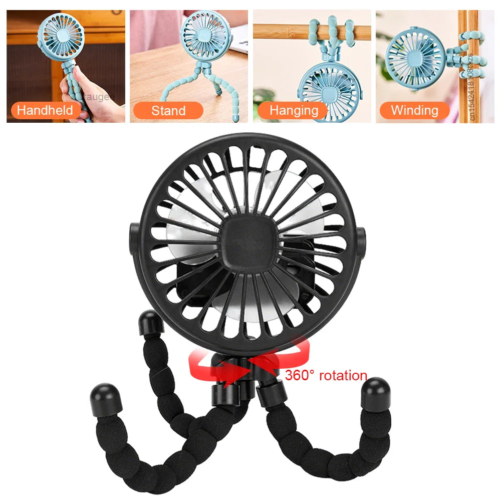 Octopus Fan Mini Flexible Tripod Cooler Fan Portable 360° Rotate Handheld Desk Fan for Stroller Bike Travel Winding Vertical Fan