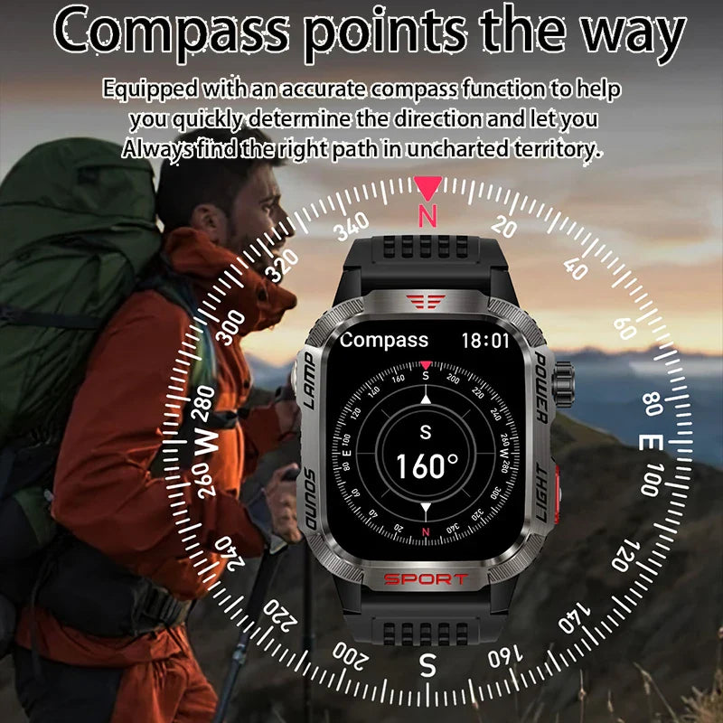 2026 New LED flashlight Military Smart Watch Men IP68 GPS Outdoor Sports Fitness Tracker Health Monitor 2.01" BT Call Smartwatch