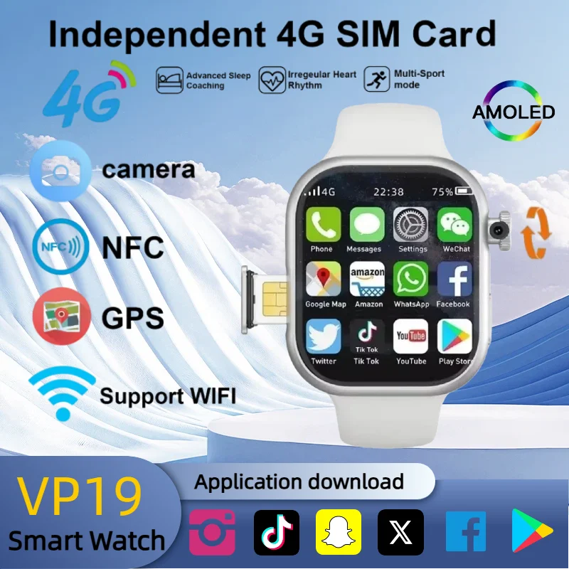 New VP19 Android Smart Watch Global Version Wifi GPS 4G 5G Full Network SIM Card Rotating Camera Video Call Google Play Adults