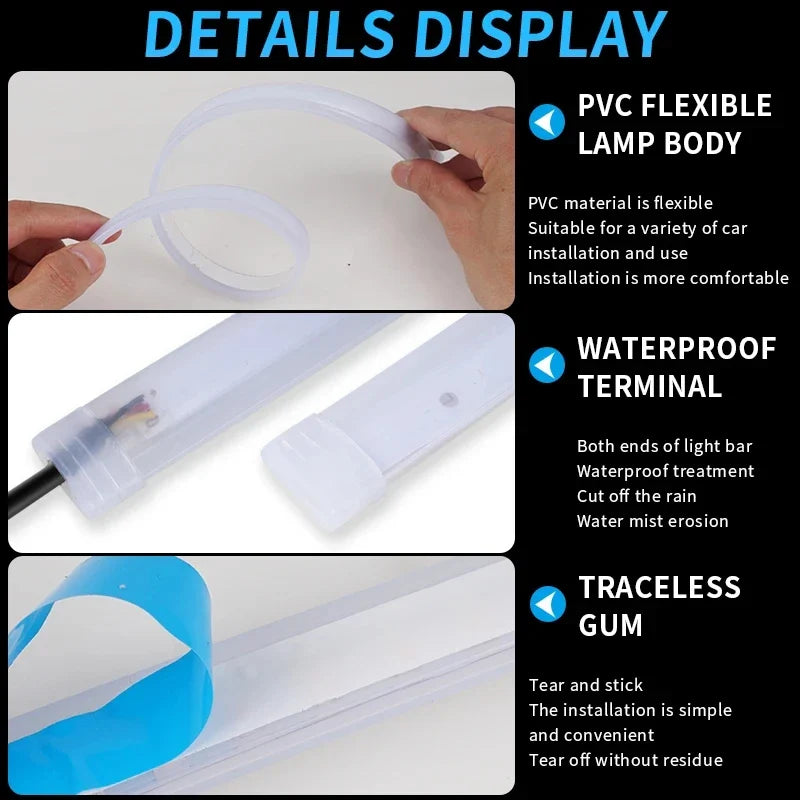 1Pc 12V LED DRL Car Running Light Flexible Waterproof Strip Auto Headlights White Turn Signal Brake Flow Lights Auto Parts