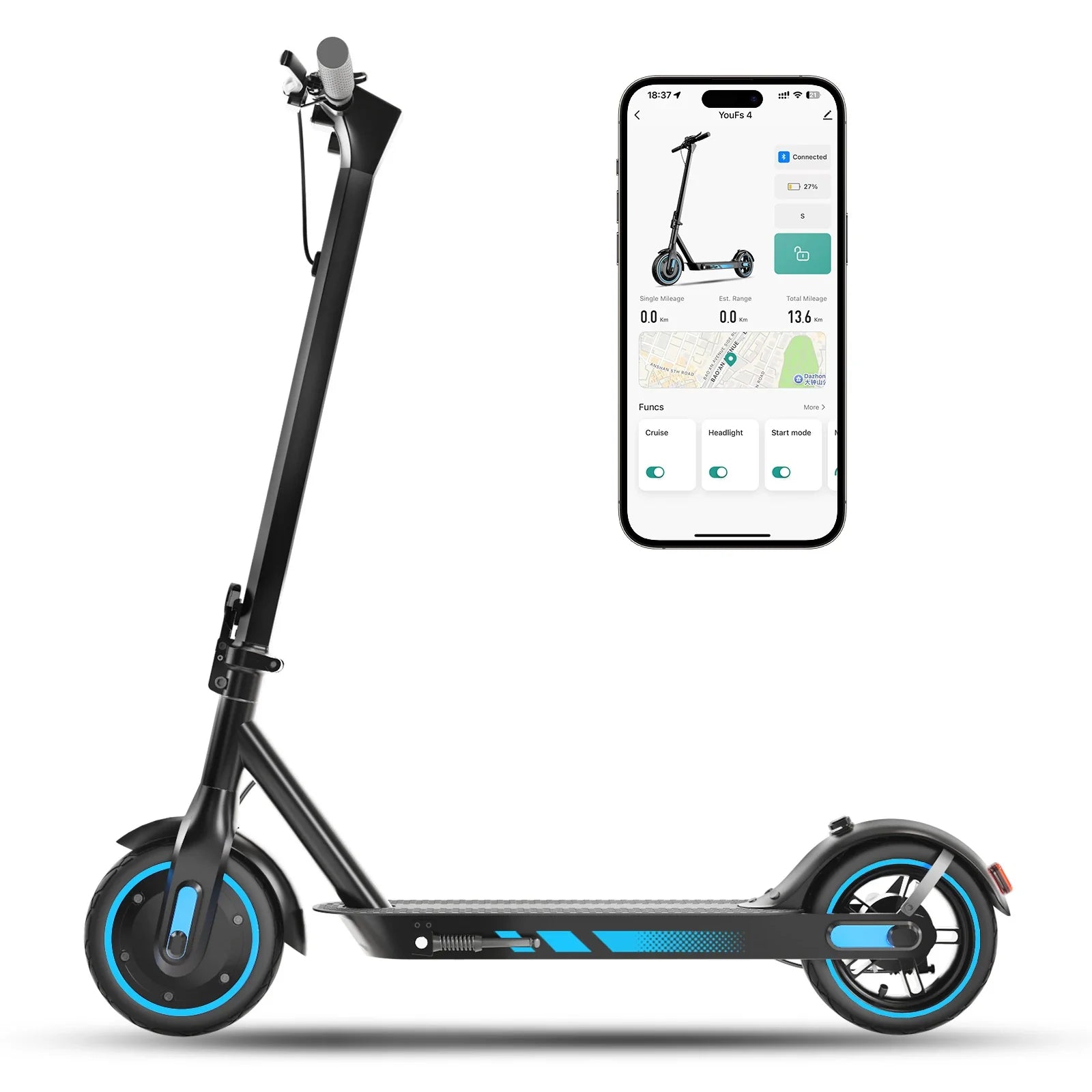 HiQiS V10 E-scooter 500W Motor 36V 10.5Ah 25 MPH Speed 22 Mile Range Foldable E-scooter 10 Inch Air Tire Electric Scooter