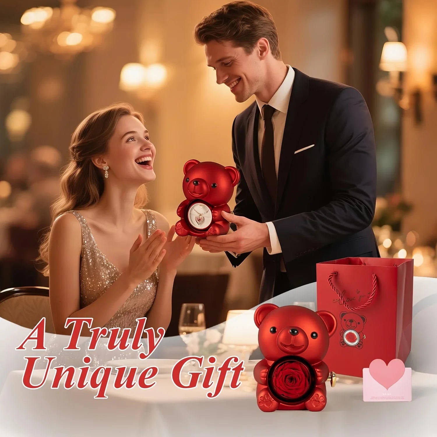 Teddy Bear Rose Gift Box, Jewelry Box with Hidden Space for Ring or Earrings,Jewellery Not Included,for Mother's Day,Anniversary