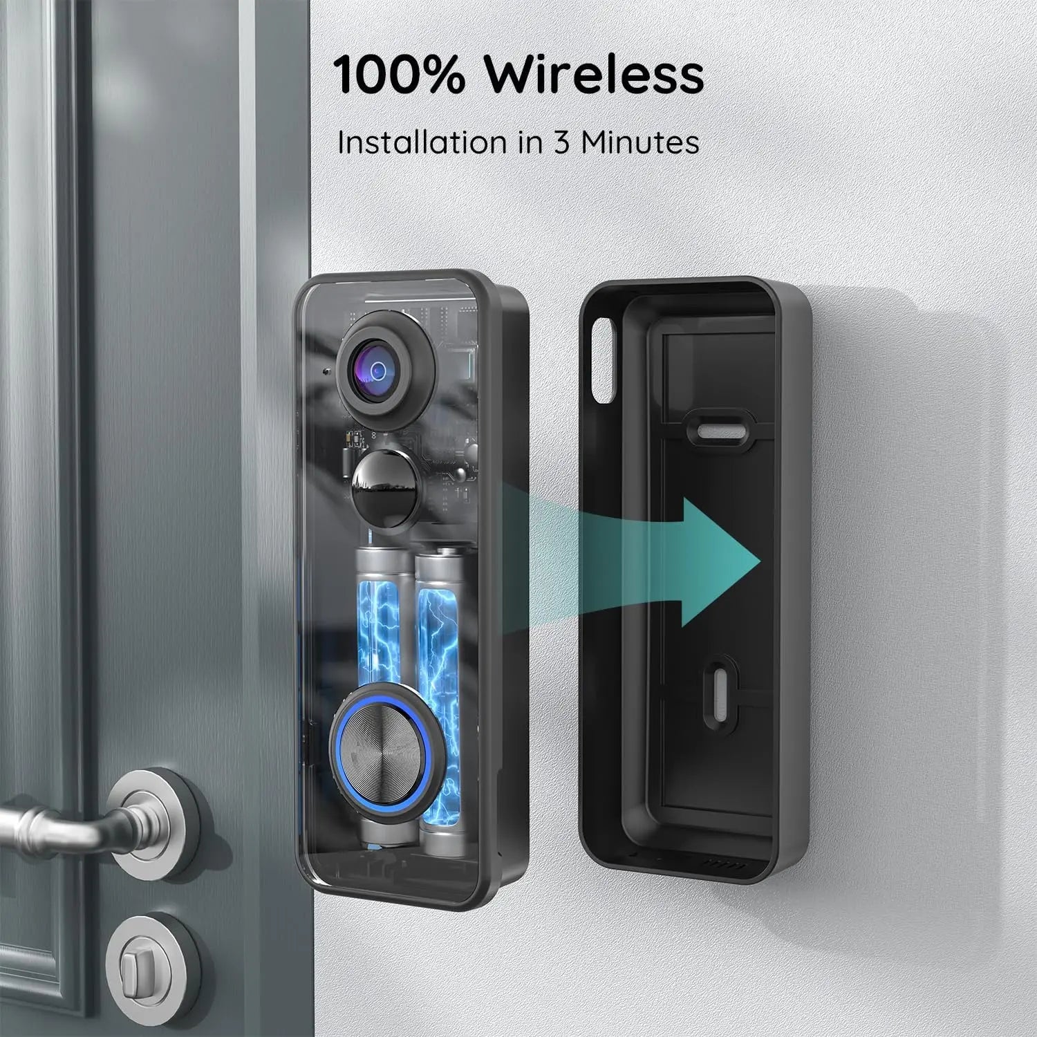 Wireless Video Doorbell Camera, No Subscription, 180° Wide-Angle, 2K Night Vision, AI Detection, Two-Way Audio